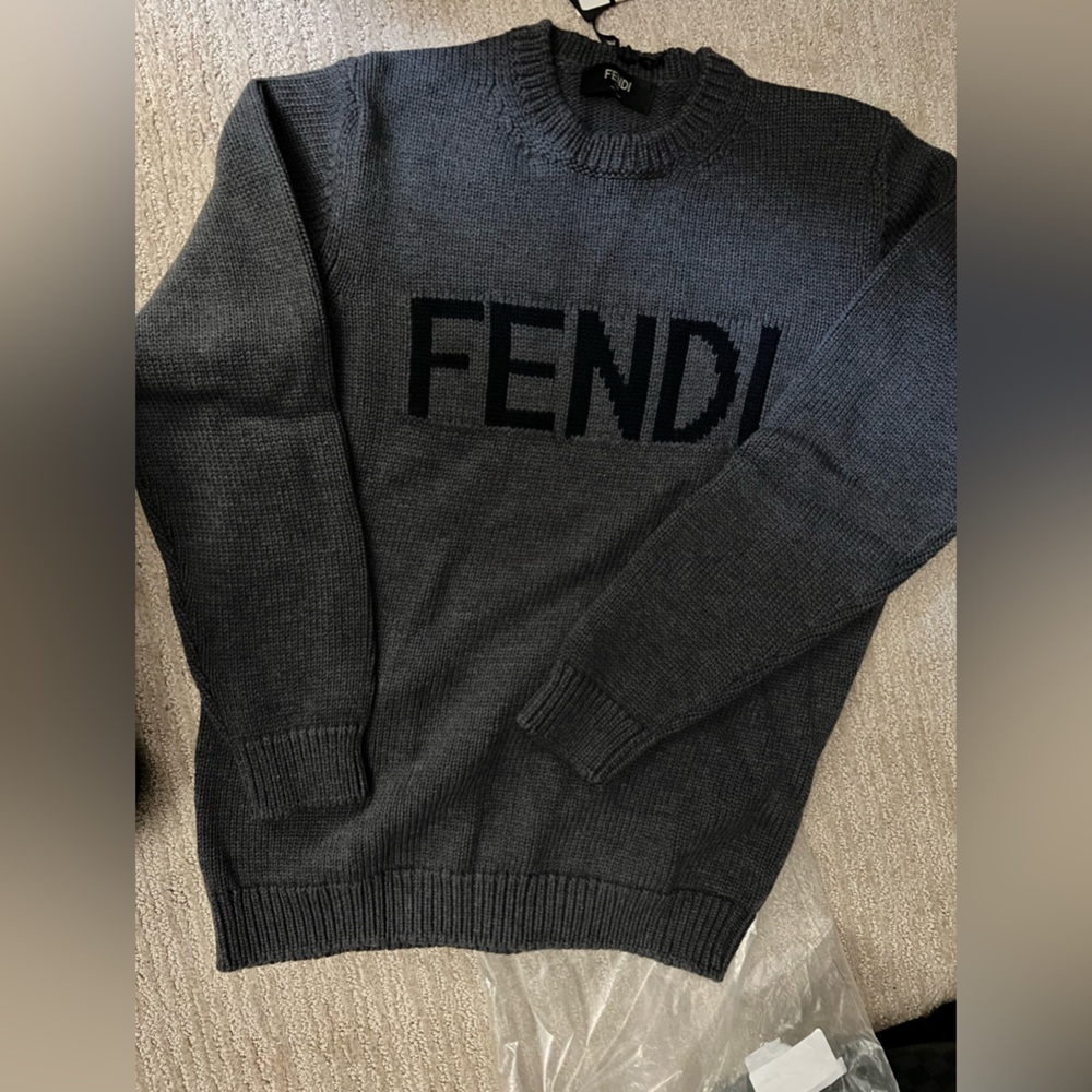 FENDI Men’s Pullover Gray Wool Sweater Jumper Size 54 AUTHENTIC